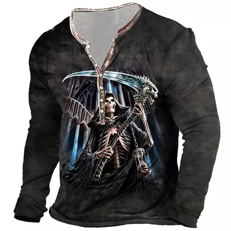 European And American Vintage Print Seven Button Open Placket Skull Long Sleeve T-shirt - Elite Essence Store