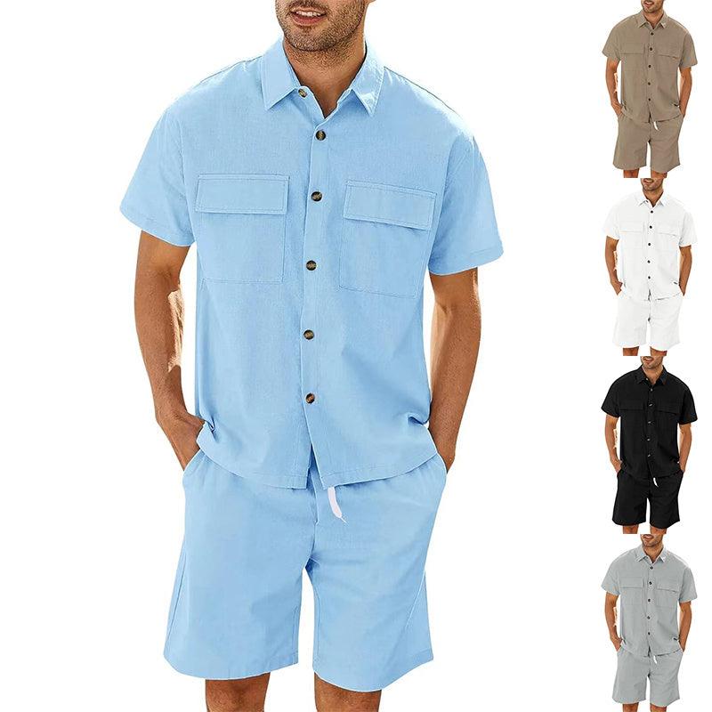 Summer Suits Men Short Sleeve Lapel Pockets Shirt And Drawstring Shorts Sports Fashion Leisure Men's Clothing - Elite Essence Store