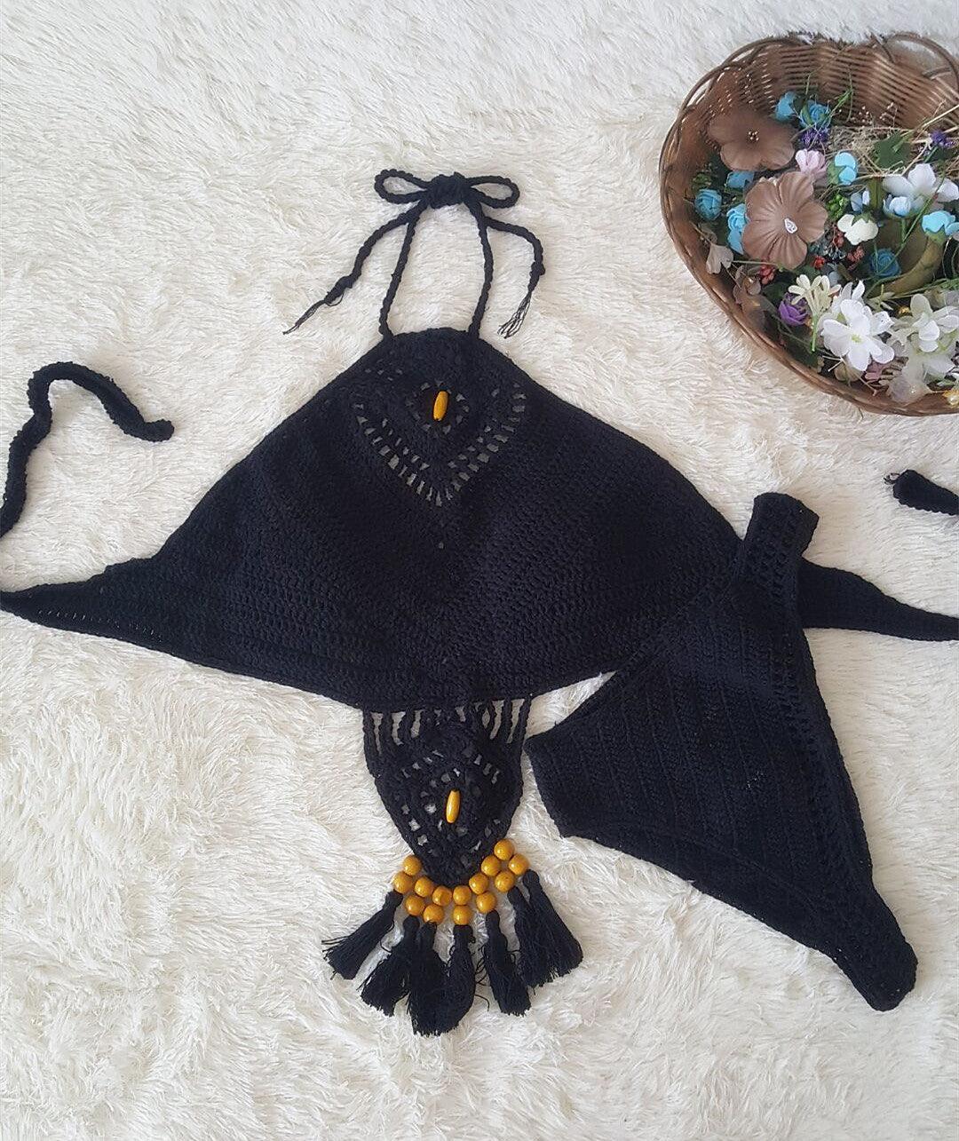 European And American New Women's Swimsuit Suit Beach Sunshine Bath Foreign Trade Handmade Crochet Tassel Split Bikini - Elite Essence Store