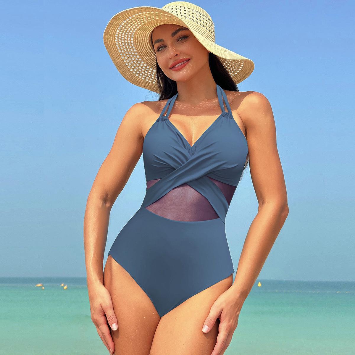 Halter-neck One-piece Swimsuit Summer Solid Color Cross-strap Design Mesh Bikini Beach Vacation Womens Clothing - Elite Essence Store