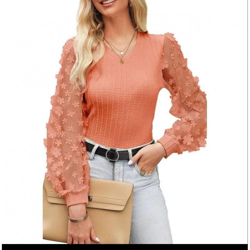 Women's Mesh Small Flower Chiffon Shirt Summer Round Neck Long Sleeve Top - Elite Essence Store