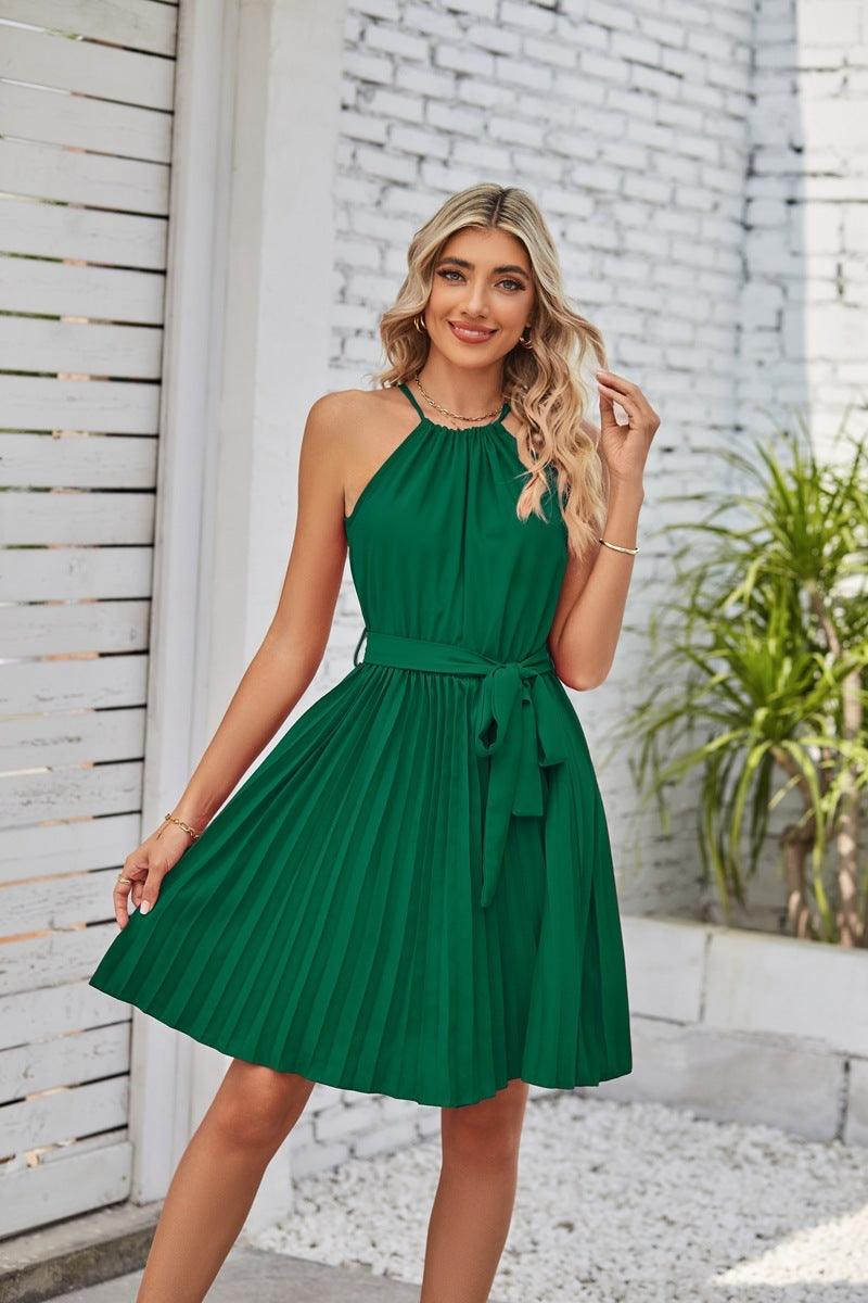 Halter Strapless Dresses For Women Solid Pleated Skirt Summer Beach Sundress - Elite Essence Store