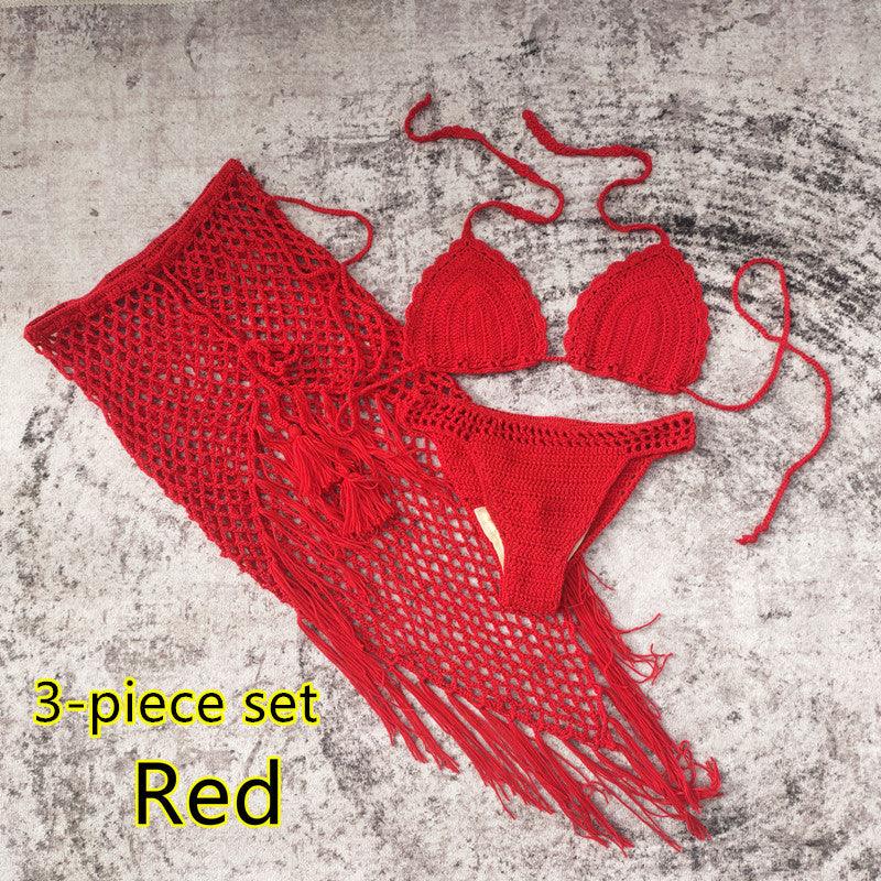 3-piece European And American Handmade Crochet Bikini Beach Skirt Swimsuit Suit - Elite Essence Store