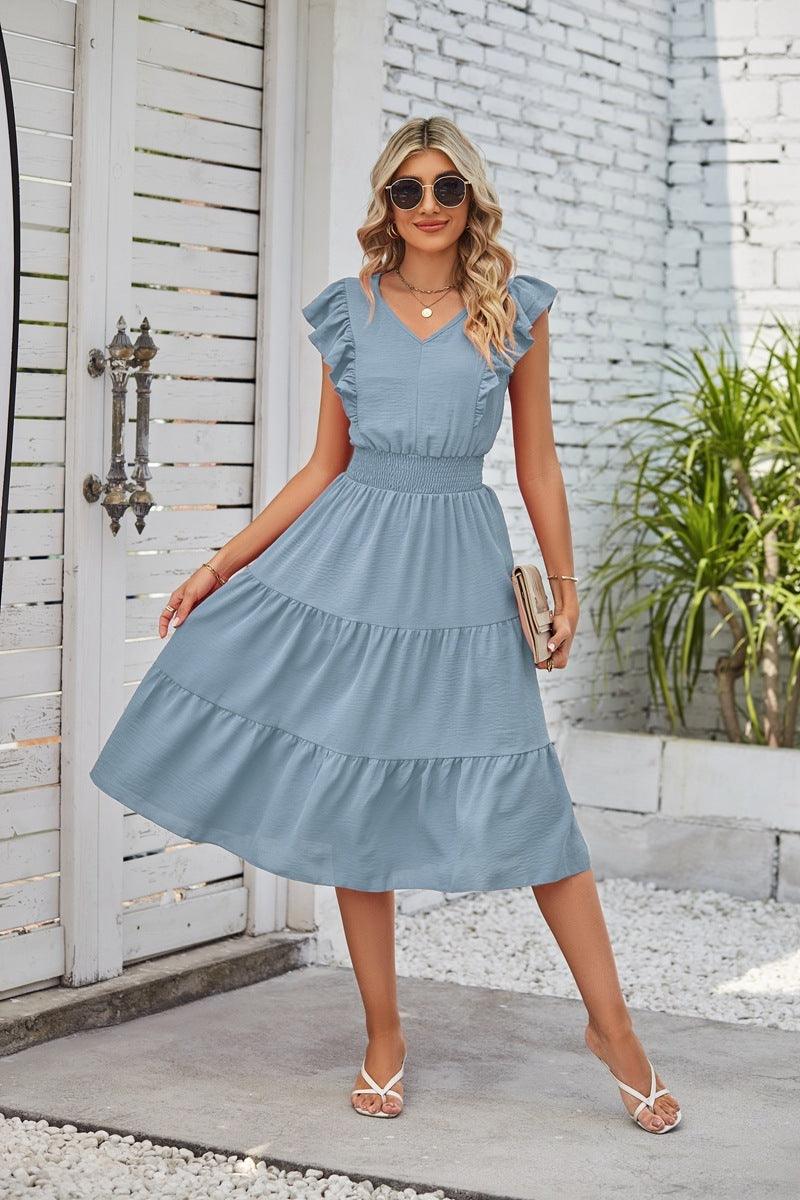 New Ruffled Sleeveless V-Neck Dress Summer Fashion Elastic Waist A-Line Dresses For Womens Clothing - Elite Essence Store