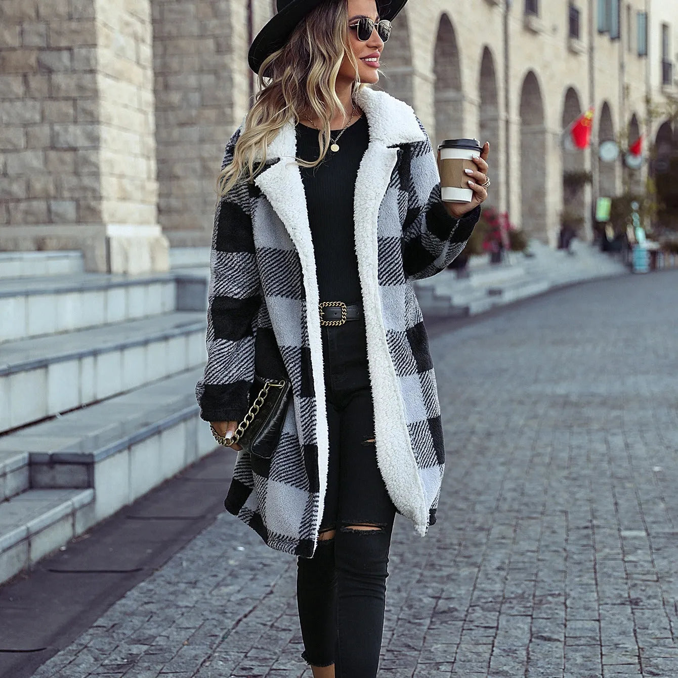 Women's Autumn Clothing Lapel Long Sleeve Buckle-free Plaid Loose Cardigan Double-sided Casual Jacket