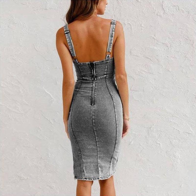 New U-neck Suspender Denim Dress Summer Casual Tight Slim Fit Dresses With Slit Design Womens Clothing - Elite Essence Store