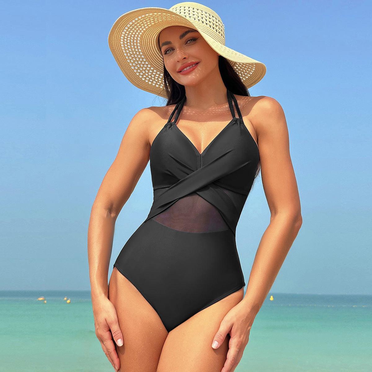 Halter-neck One-piece Swimsuit Summer Solid Color Cross-strap Design Mesh Bikini Beach Vacation Womens Clothing - Elite Essence Store