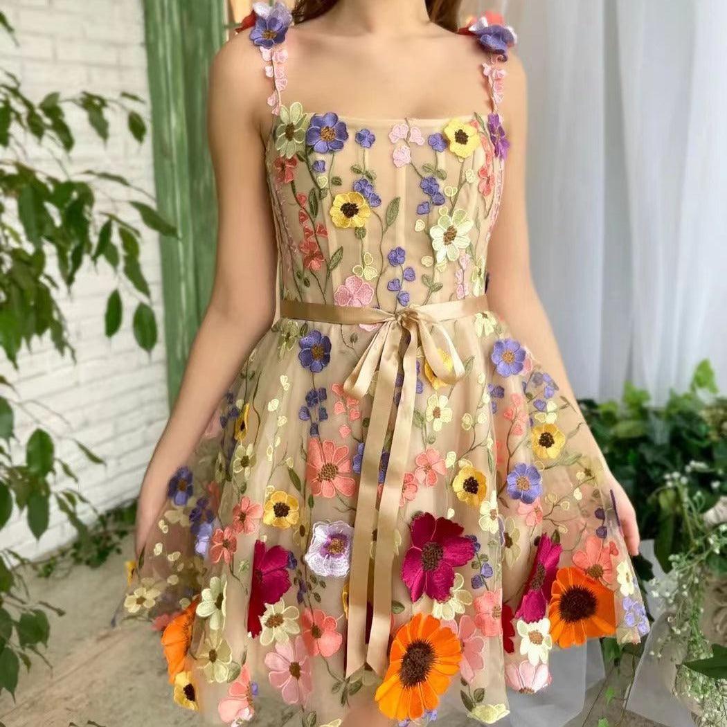 Three-dimensional Flower Embroidery Dress Summer Fashion Sweet A-line Suspender Dresses For Womens Clothing - Elite Essence Store