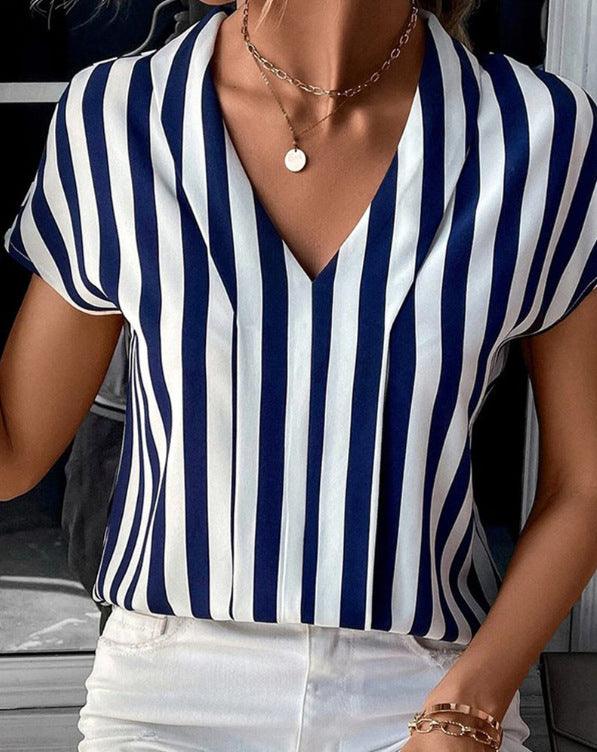 Fashion Short Sleeve Striped Shirt For Women - Elite Essence Store