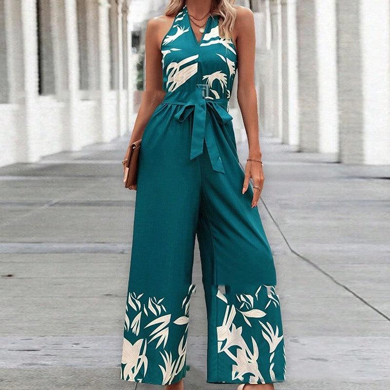 Printing Series Belt Halter Backless Jumpsuit For Women - Elite Essence Store