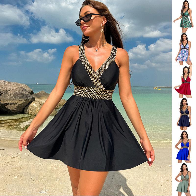 V-neck Printed Swimsuit Dress Summer Beach Vacation Bikini Fashion Womens Clothing - Elite Essence Store