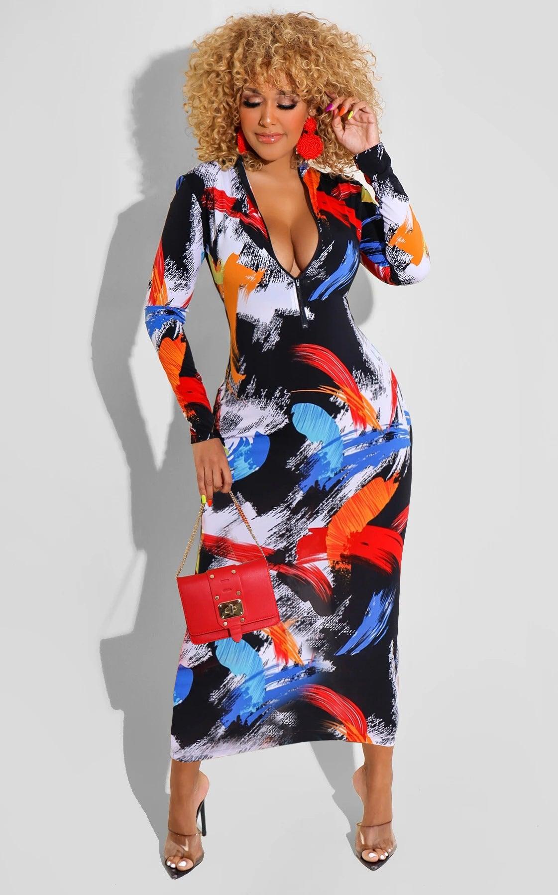 Printed Zipper Double-sided Long Sleeve Dress - Elite Essence Store