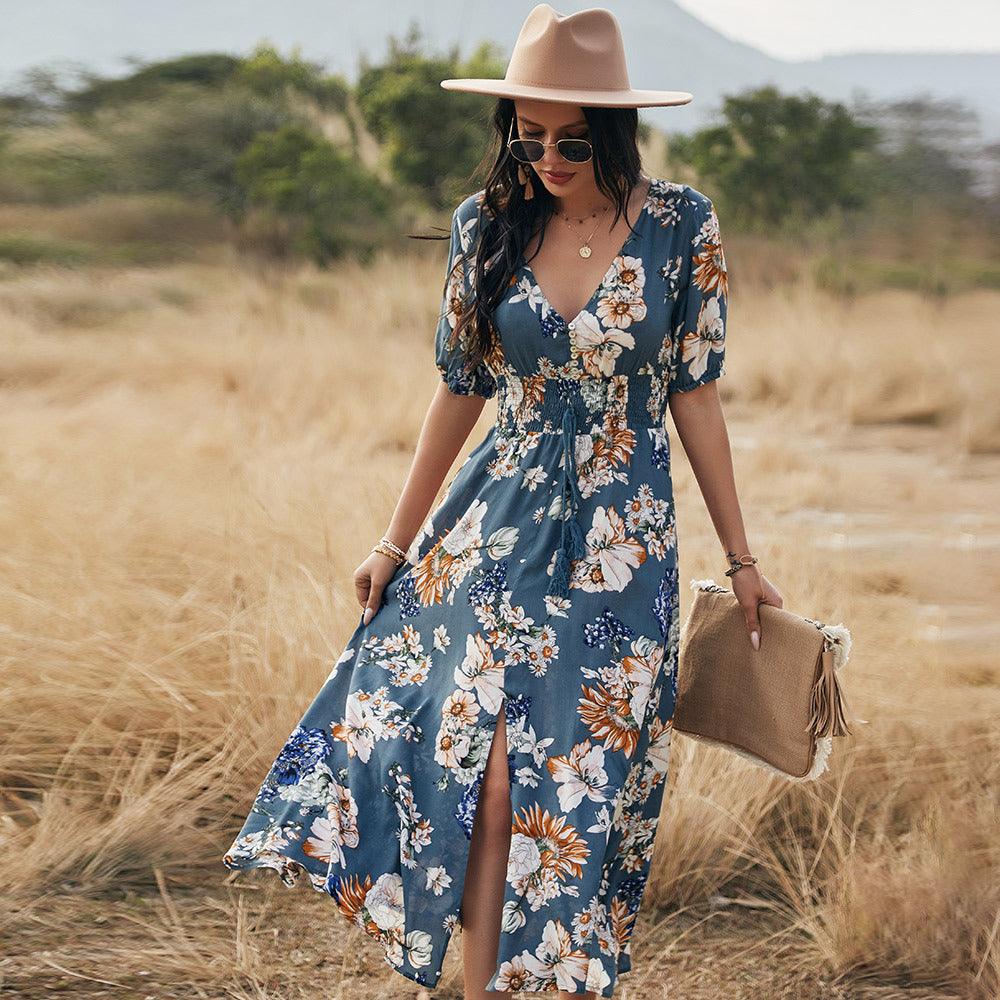 Floral Summer Beach Dress With V Neck Elastic Waist Dresses For Women - Elite Essence Store