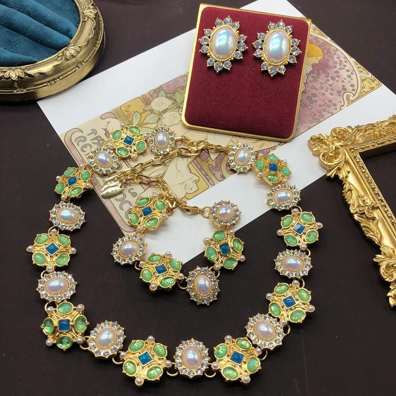 Flower Gem Diamond Necklace Bracelet Ear Studs Gold Plated Suit - Elite Essence Store