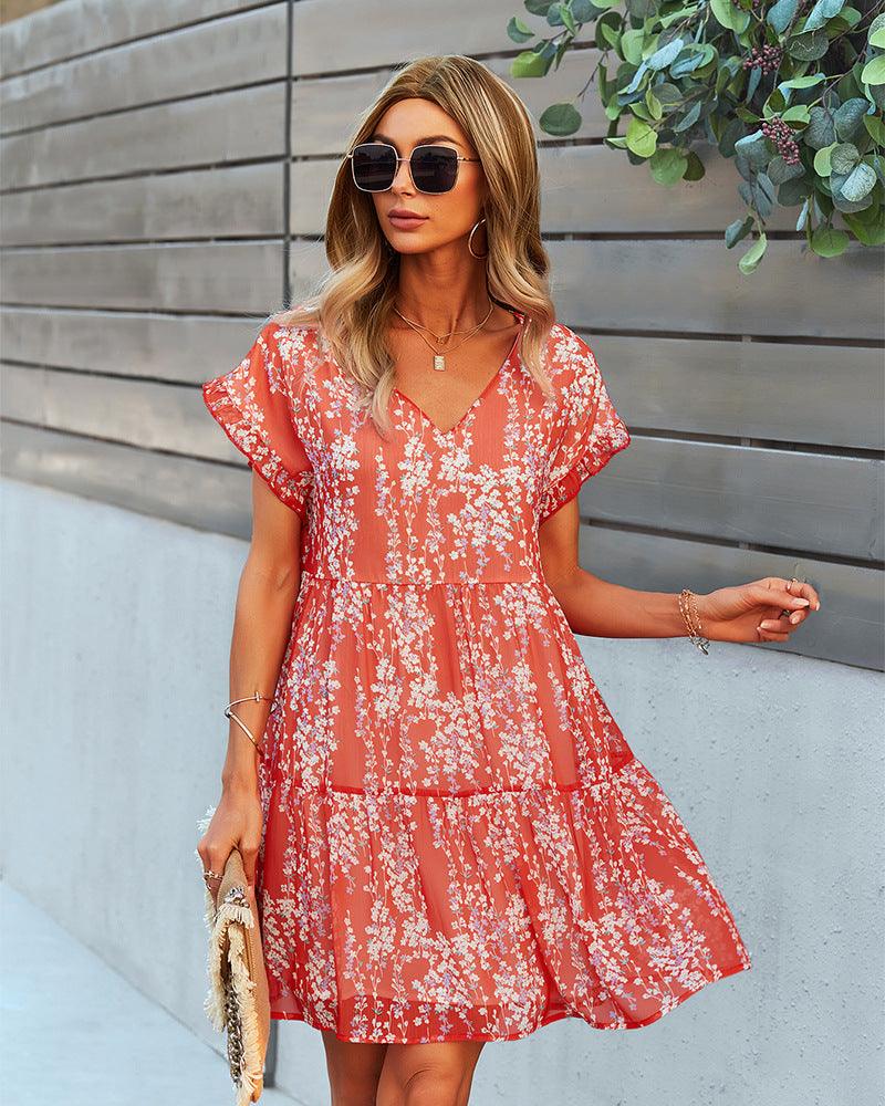 Flowers Print Short-sleeved Dress Summer Loose Chiffon A-line Dresses Fashion Casual Holiday Beach Dress For Womens Clothing - Elite Essence Store