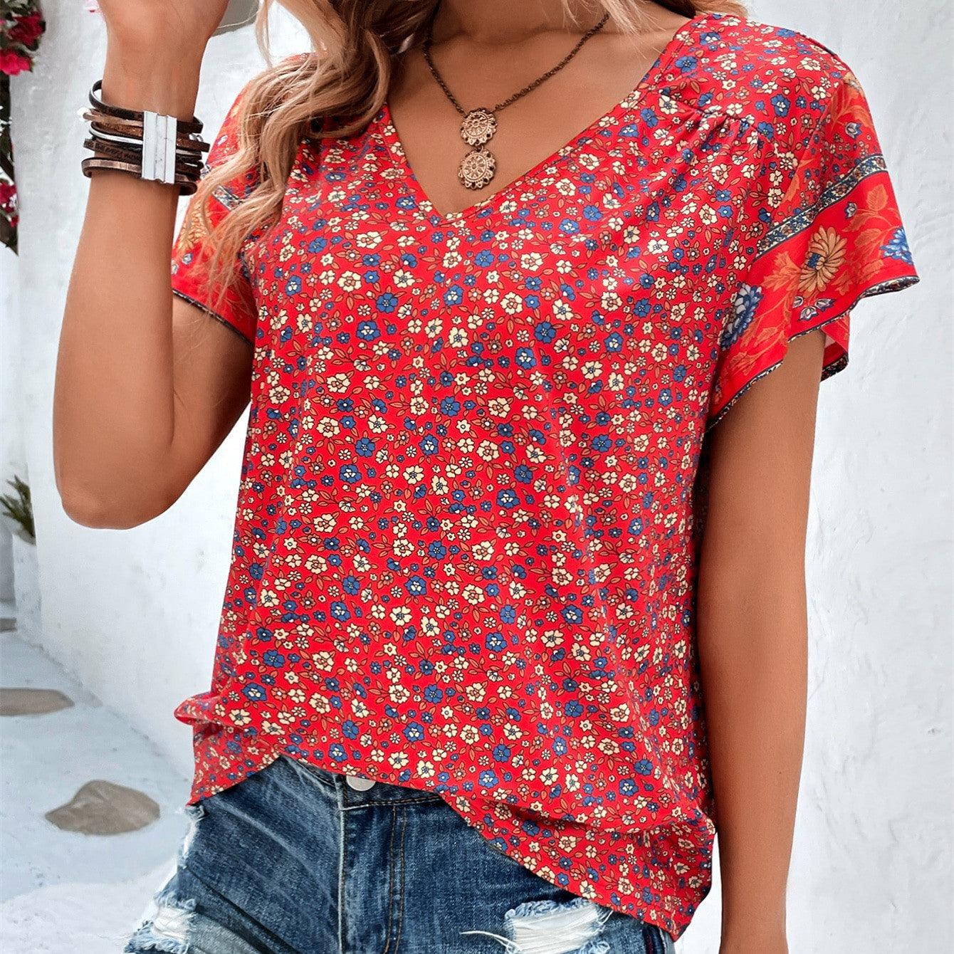 Women's Fashionable Elegant Floral V-neck Shirt Top - Elite Essence Store