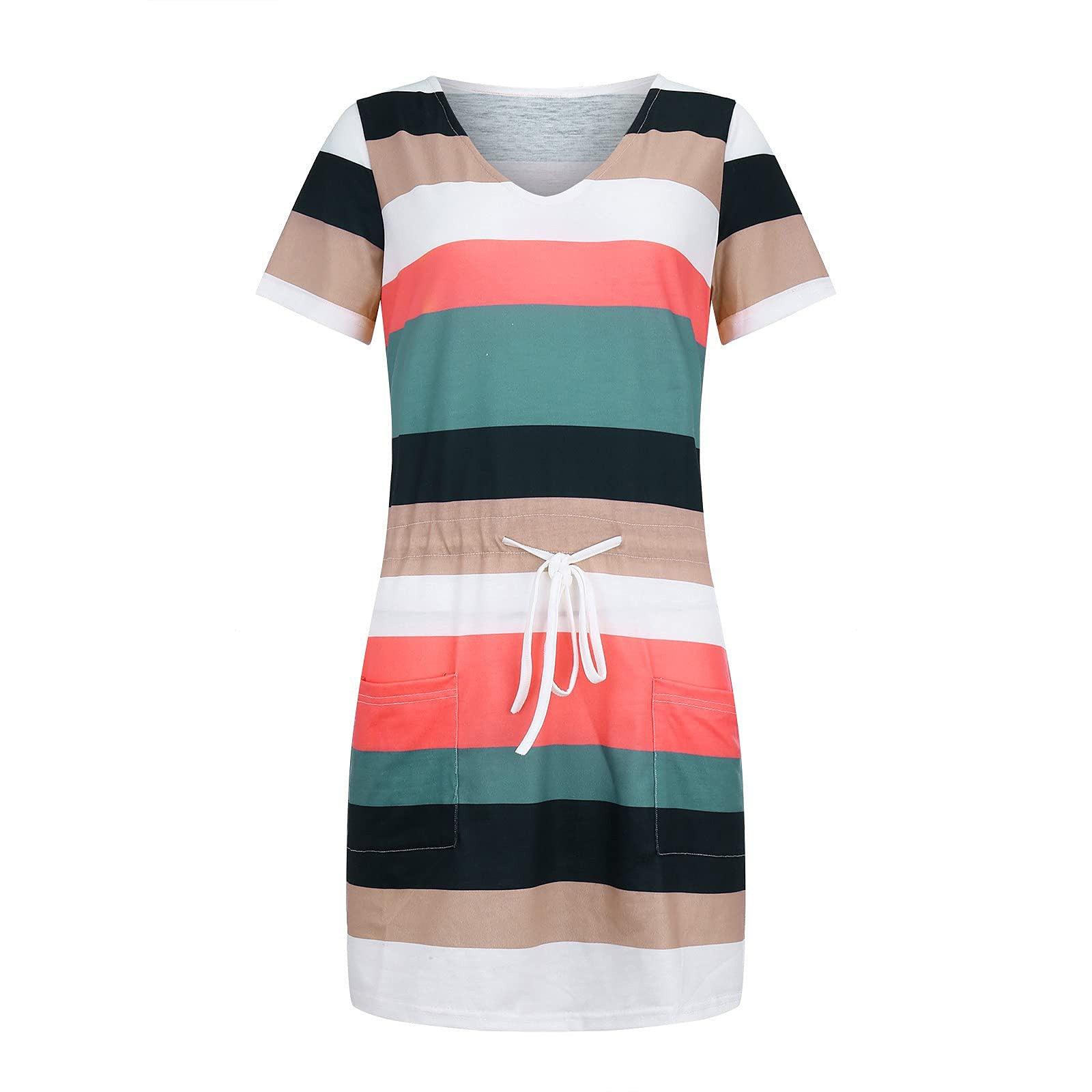 Striped Print Short-sleeved Dresses Summer Fashion V-neck Drawstring Design Short Dress Beach Womens Clothing - Elite Essence Store