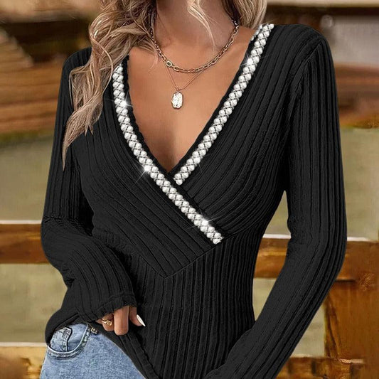 Bubble Beads V-neck Cross Sunken Stripe Top - Elite Essence Store