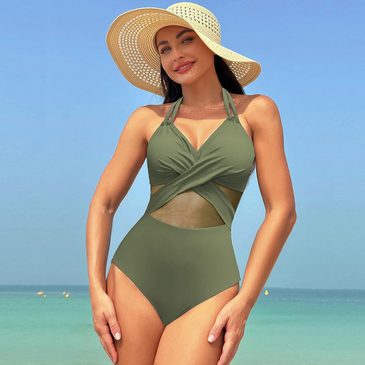 Halter-neck One-piece Swimsuit Summer Solid Color Cross-strap Design Mesh Bikini Beach Vacation Womens Clothing - Elite Essence Store