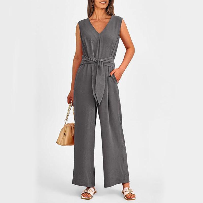 New V-neck Sleeveless Long Jumpsuit With Pockets And Lace-up Design Wide-leg Straight Trousers Summer Womens Clothing - Elite Essence Store