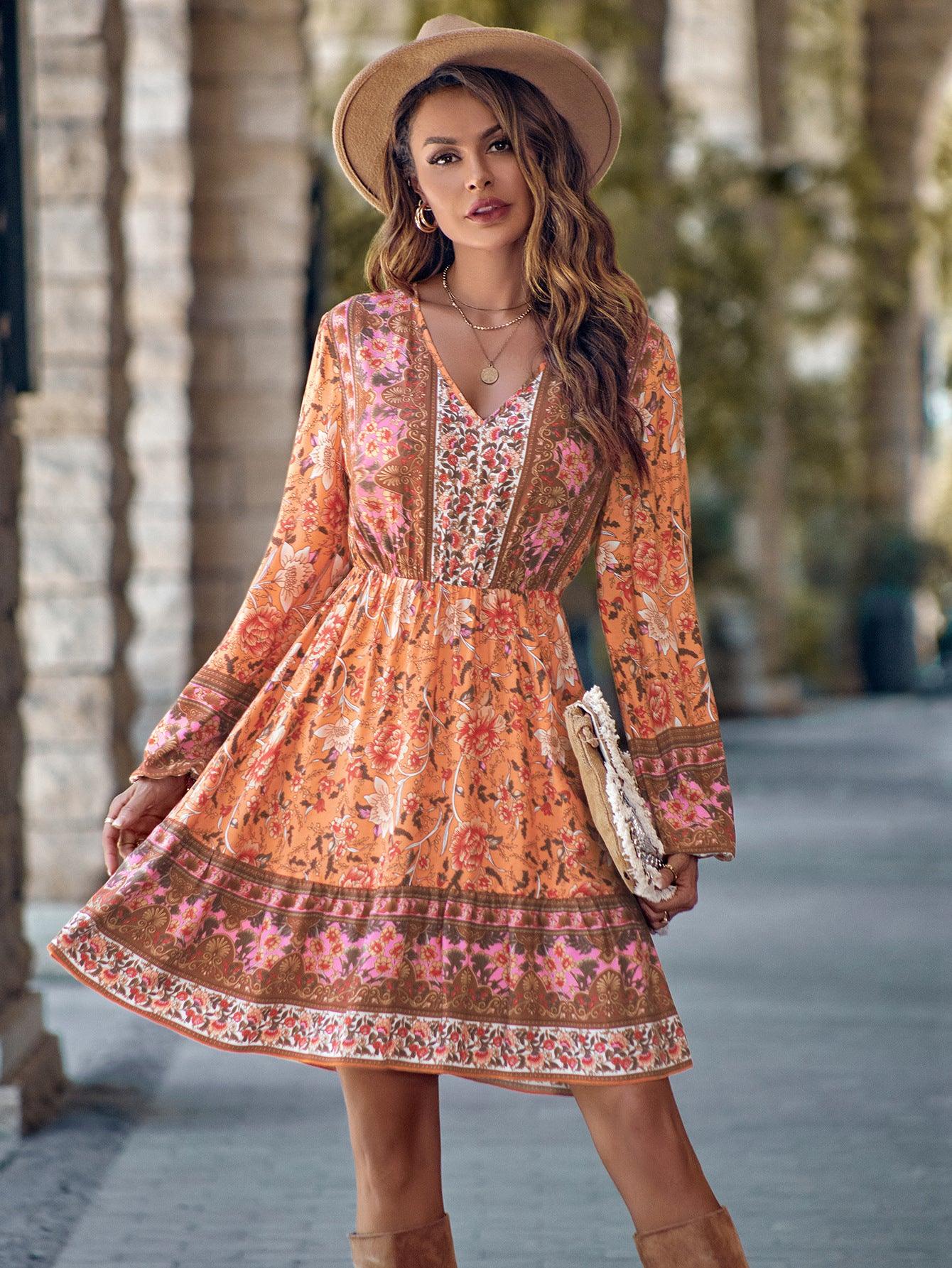 Printed V-neck Waist-controlled Long Sleeves Dress Women - Elite Essence Store