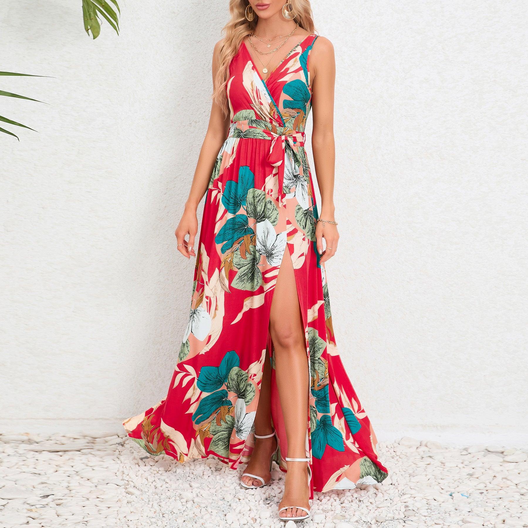 V-neck Floral Print Long Dress Summer Fashion Waist Tie Slit Design Sleeveless Dress For Womens Clothing - Elite Essence Store