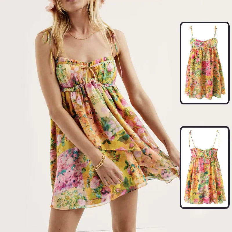 Flowers Suspender Dress Summer Fashion Ruffled Holiday Beach