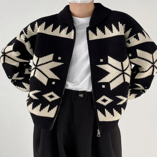 Geometric Contrast Color Lapel Sweater Cardigan Men's Knitted Jackets