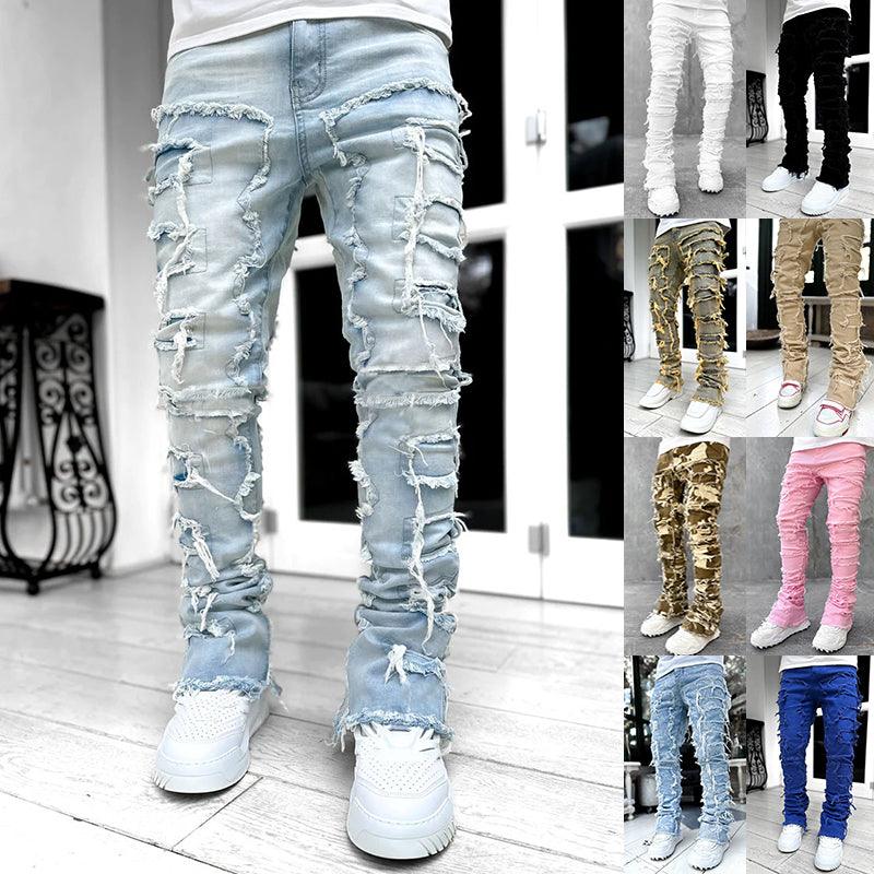 Men Trousers Individual Patched Pants Long Tight Fit Stacked Jeans For Mens Clothing - Elite Essence Store