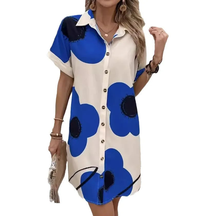 Plus Size Women's Printed Pleated Loose Shirt Dress