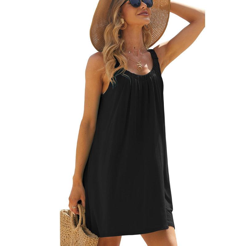 Solid Color Loose Beach Dress Casual Vacation Suspender Dresses Summer Round-neck Womens Clothing - Elite Essence Store