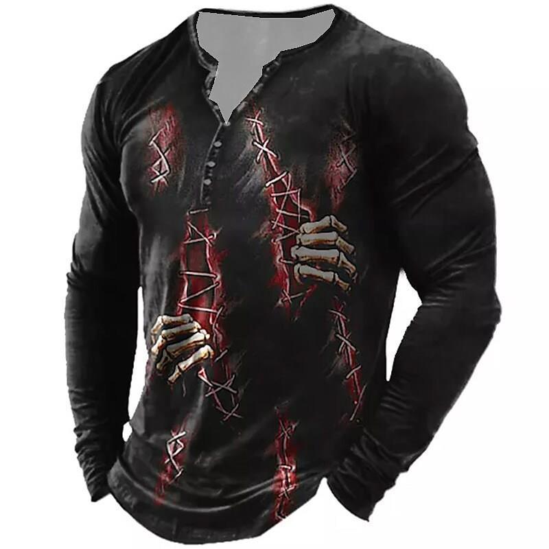 European And American Vintage Print Seven Button Open Placket Skull Long Sleeve T-shirt - Elite Essence Store