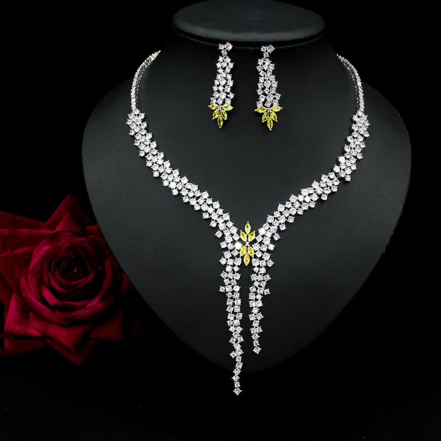 Silver Needle Fashion Exaggerated Inlaid Zircon Earrings And Necklace Set - Elite Essence Store