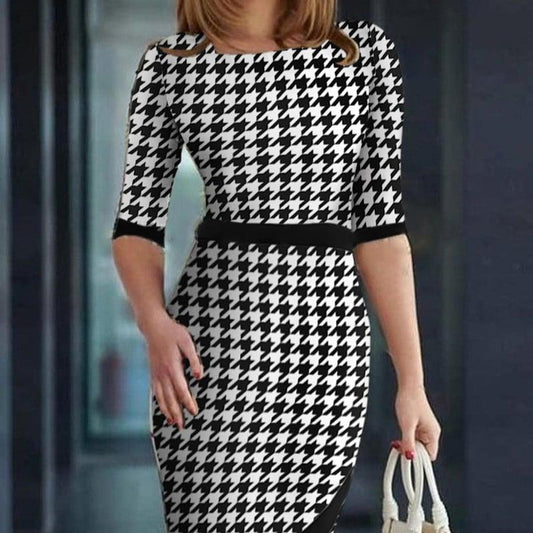 Women's Houndstooth Printing Color Contrast Dress - Elite Essence Store