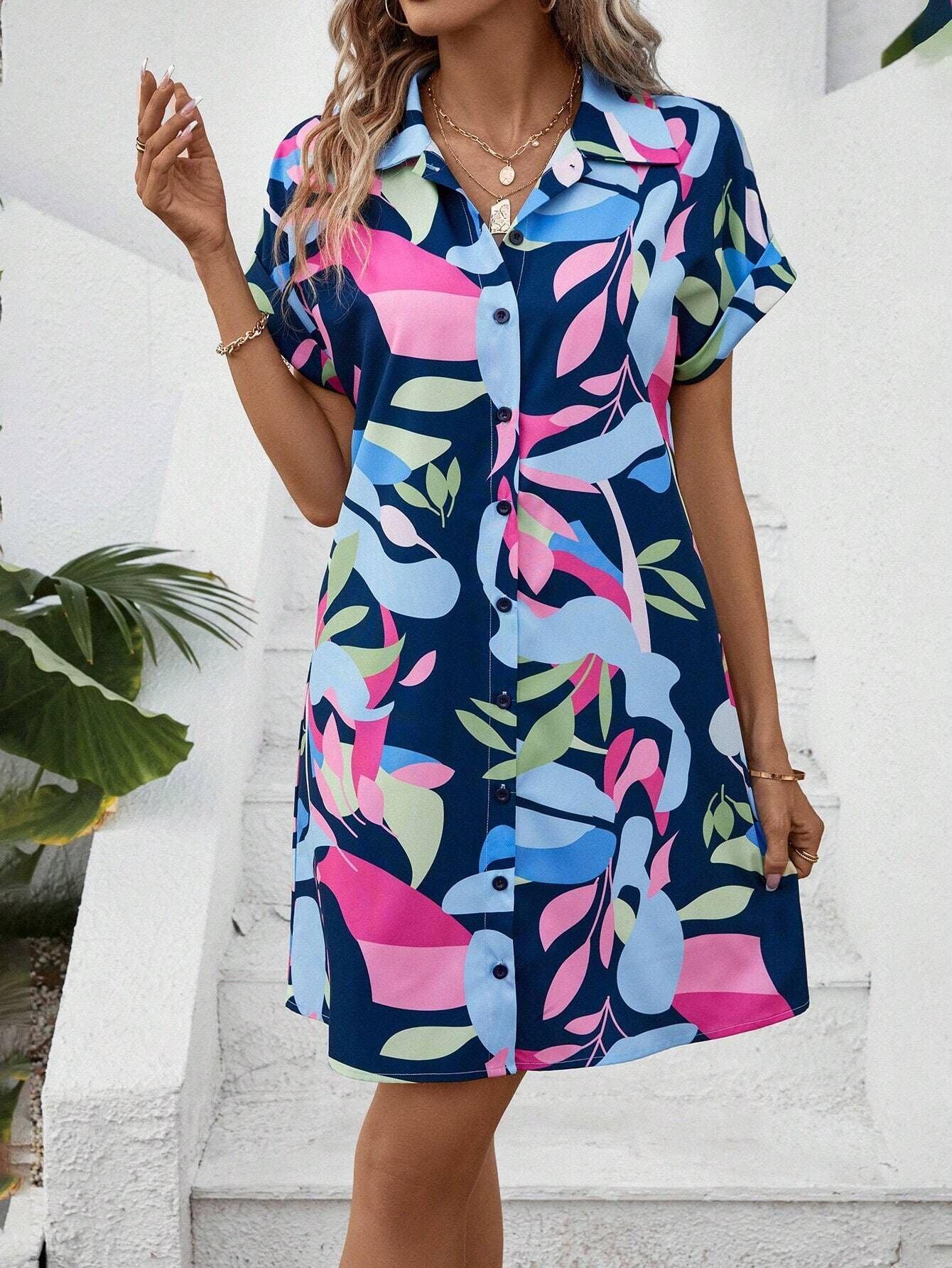 New Floral Print Short Sleeve Shirt Dress Summer Fashion Lapel Loose A-line Dresses For Womens Clothing - Elite Essence Store