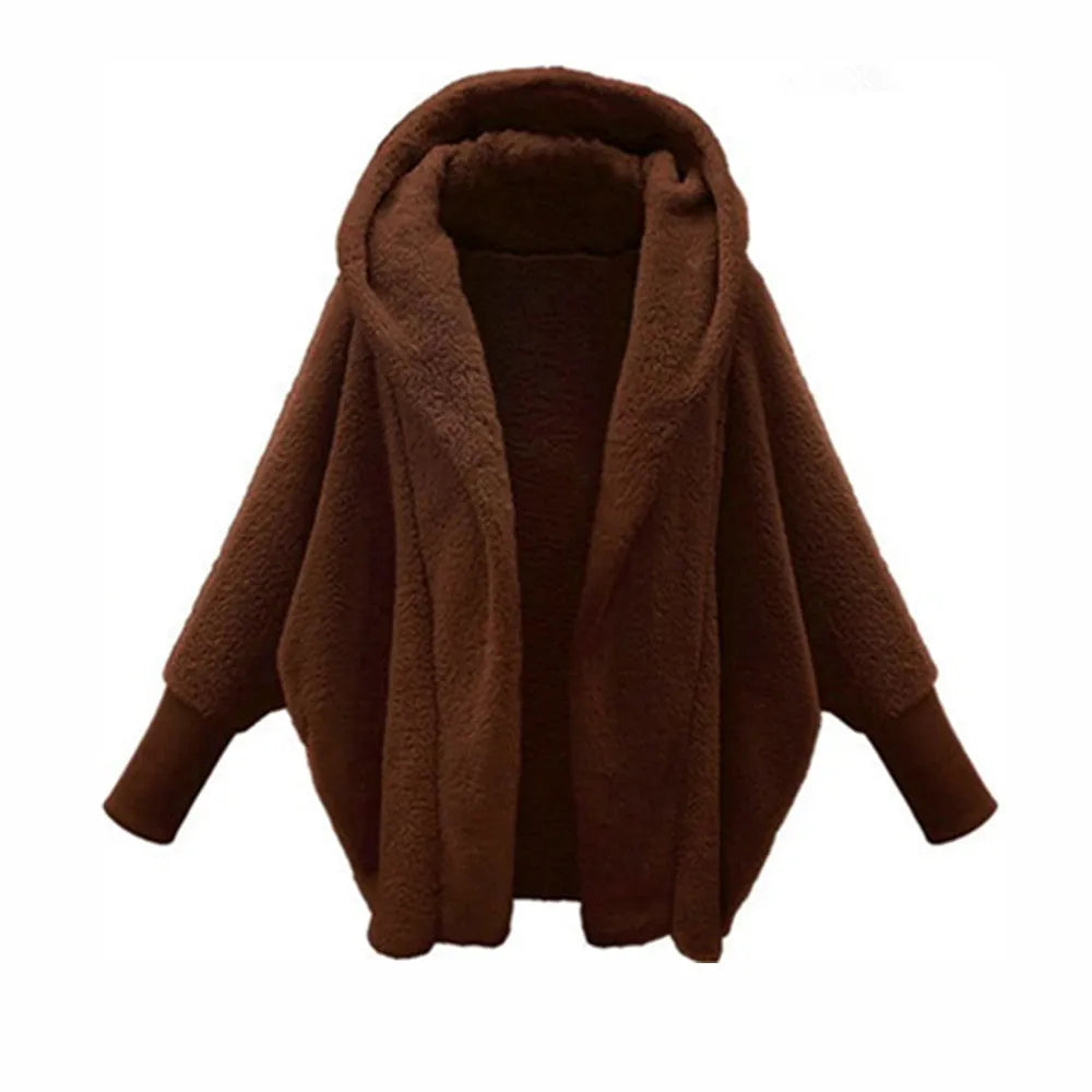 European And American Women's Clothing Solid Color Long Sleeve Hooded Loose Plush Coat