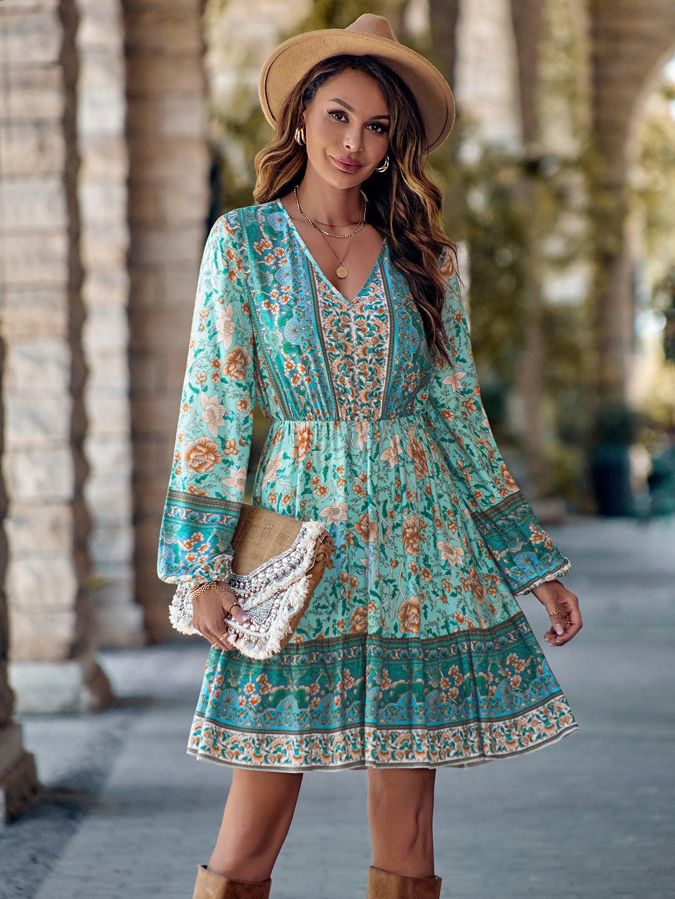 Printed V-neck Waist-controlled Long Sleeves Dress Women - Elite Essence Store