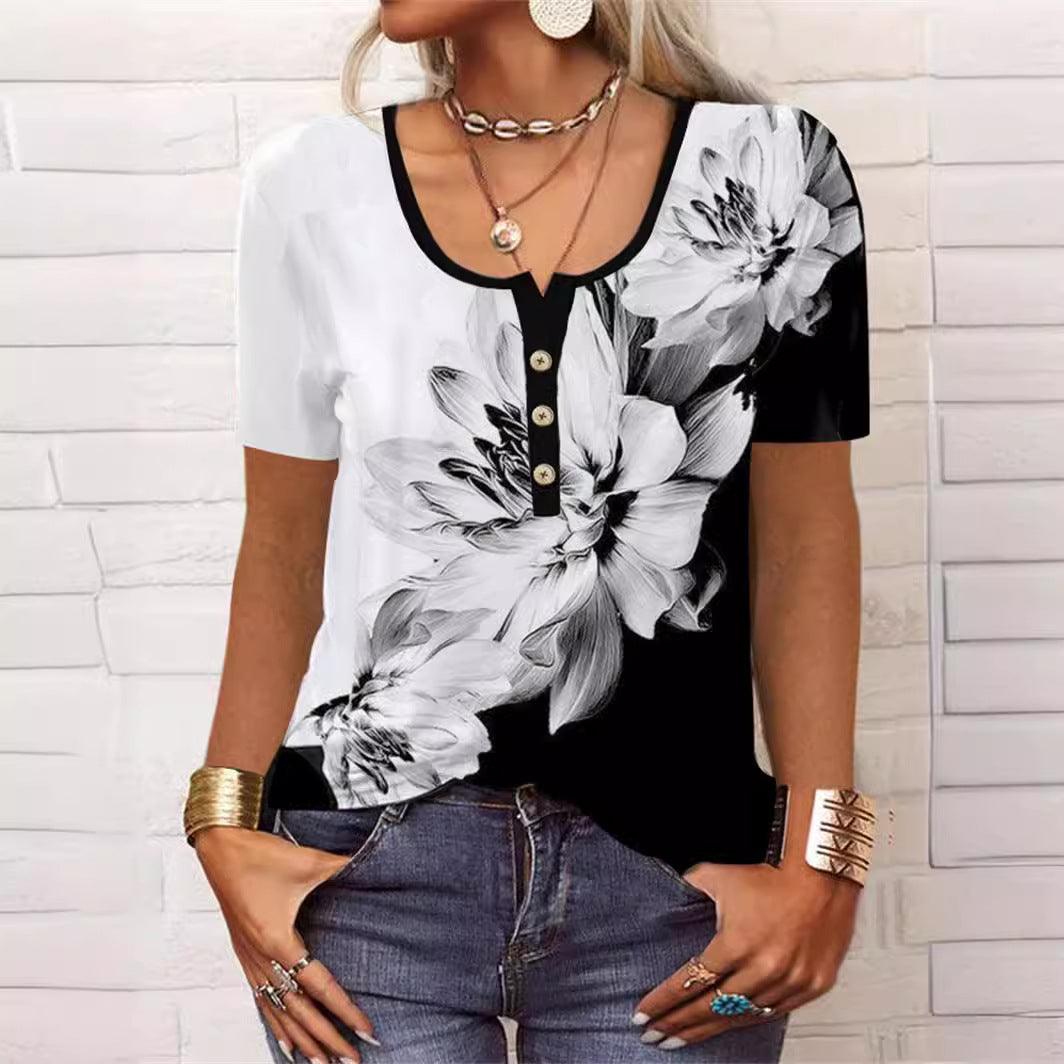 Summer Loose Short Sleeves Geometric Floral U-neck Button T-shirt - Elite Essence Store