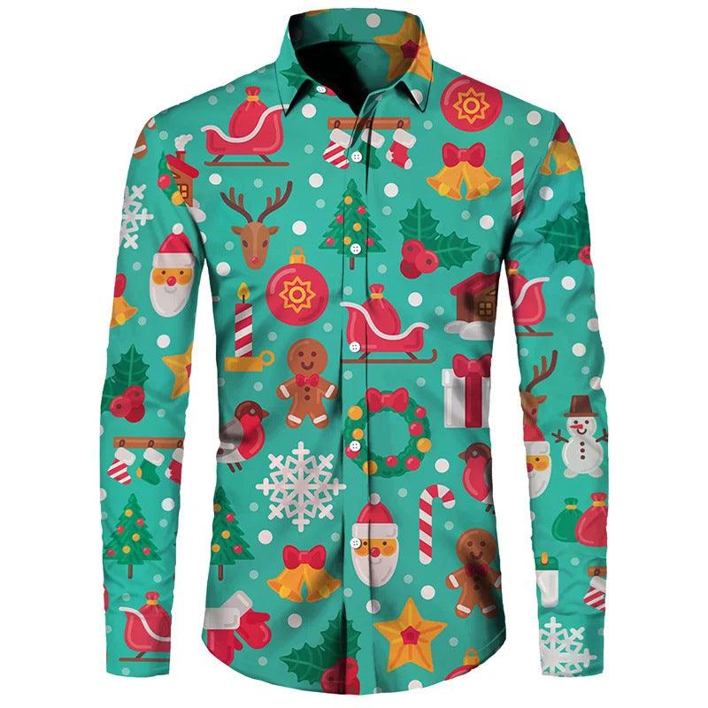 Funny Christmas Theme Digital 3D Printing Men's Button Lining Casual Long Sleeve - Elite Essence Store