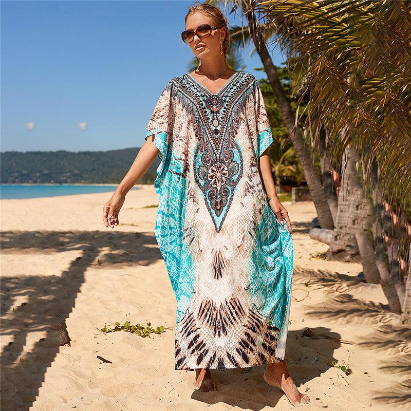 Polyester National Wind Positioning Printed Beach Smock Robe Type Sunscreen Shirt Holiday Dress - Elite Essence Store