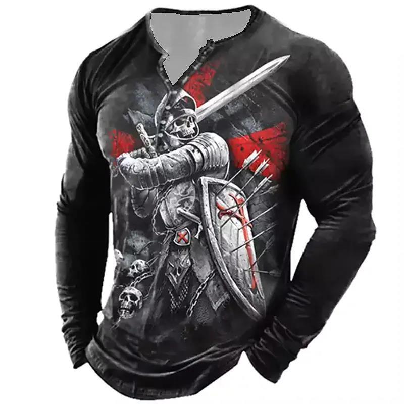 European And American Vintage Print Seven Button Open Placket Skull Long Sleeve T-shirt - Elite Essence Store