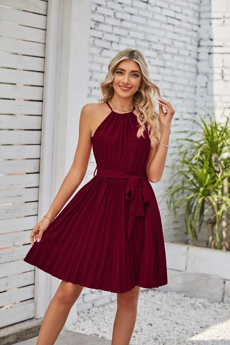 Halter Strapless Dresses For Women Solid Pleated Skirt Summer Beach Sundress - Elite Essence Store