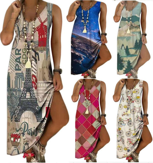 V-Neck Printed Sleeveless Long Jumpsuit Casual Beach Dress - Elite Essence Store