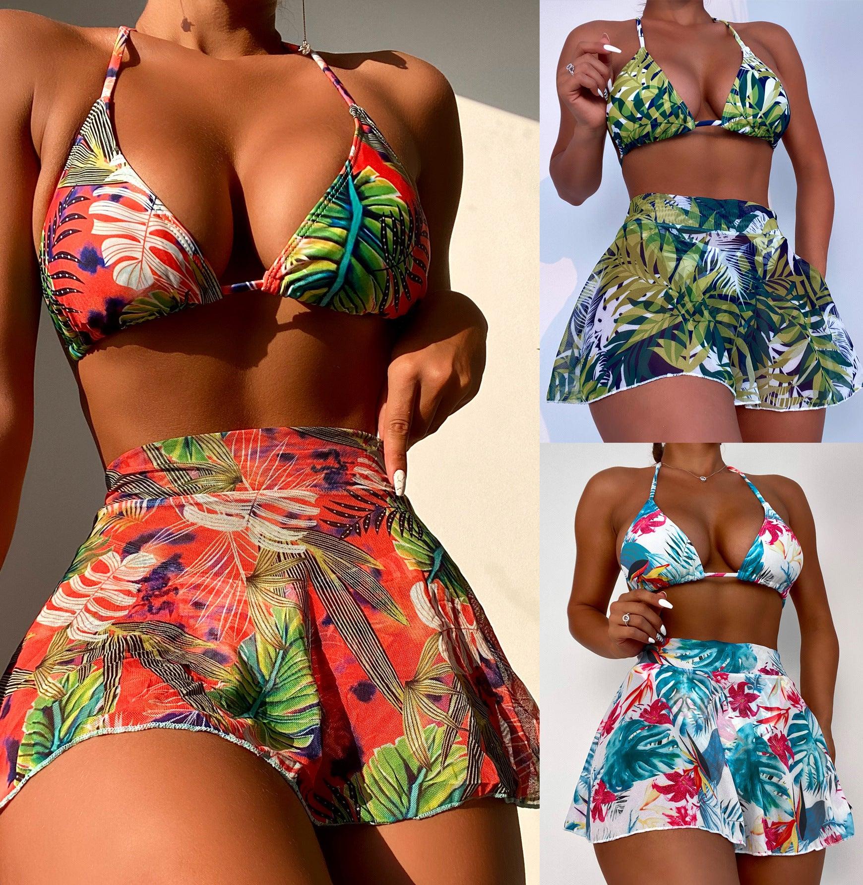 Big Flower Leaf Three Piece Swimsuit Bikini - Elite Essence Store