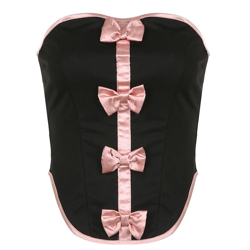 Bow Splicing Package Edge Contrast Color Sleeveless Tube Top - Elite Essence Store