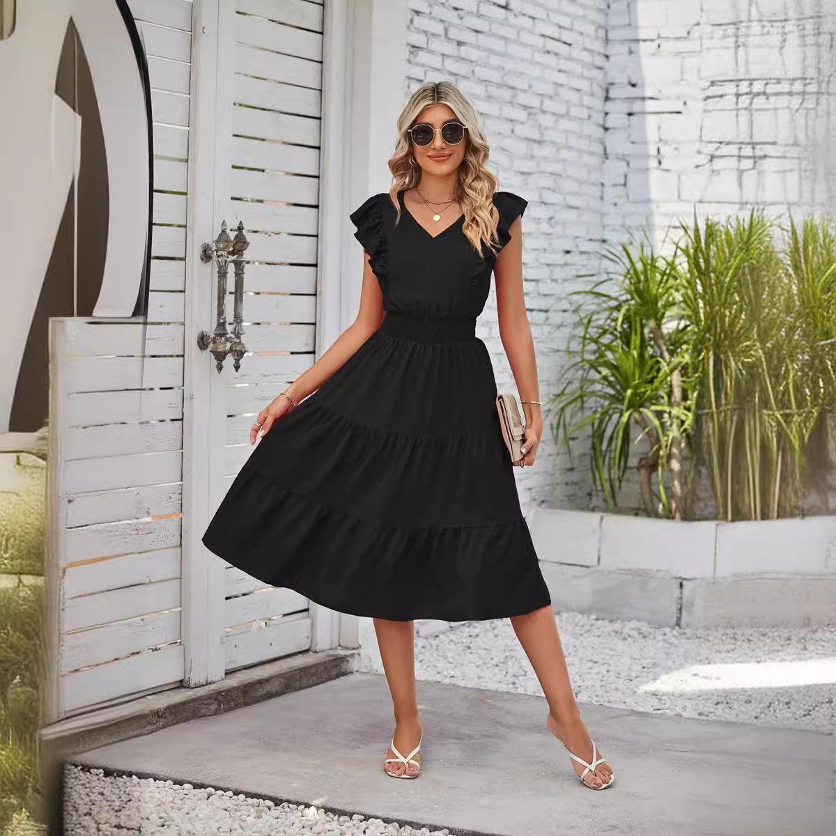 New Ruffled Sleeveless V-Neck Dress Summer Fashion Elastic Waist A-Line Dresses For Womens Clothing - Elite Essence Store