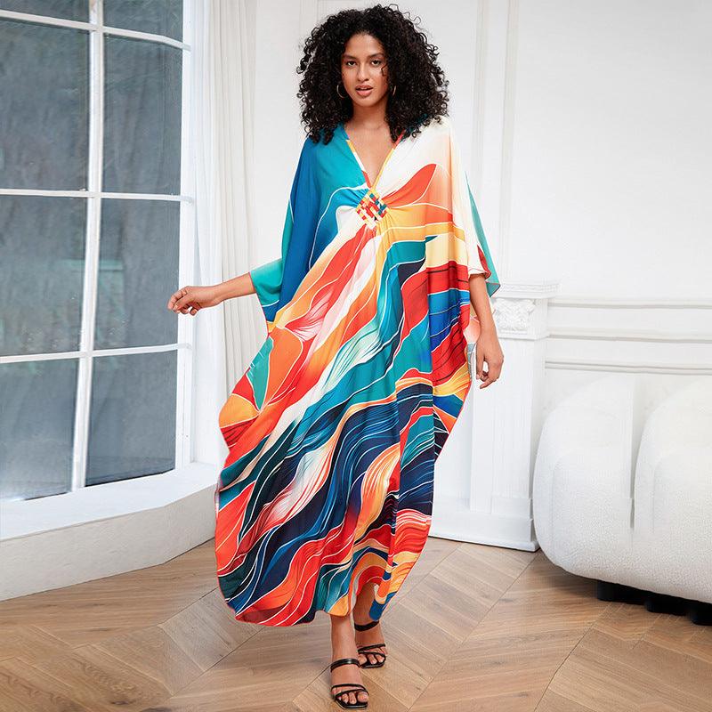 Print Holiday Loose Plus Size Robe Beach Cover-up Dress - Elite Essence Store