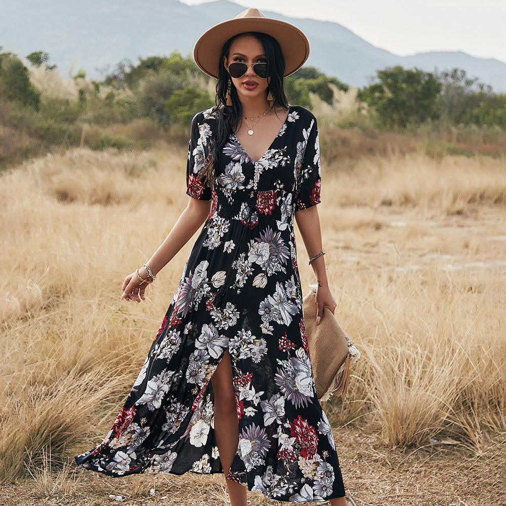 Floral Summer Beach Dress With V Neck Elastic Waist Dresses For Women - Elite Essence Store