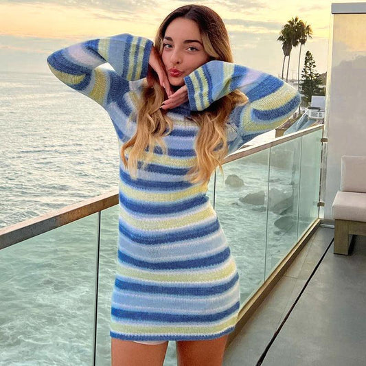 Knitted Sexy Backless Bell Sleeve Striped Dress Sweater - Elite Essence Store