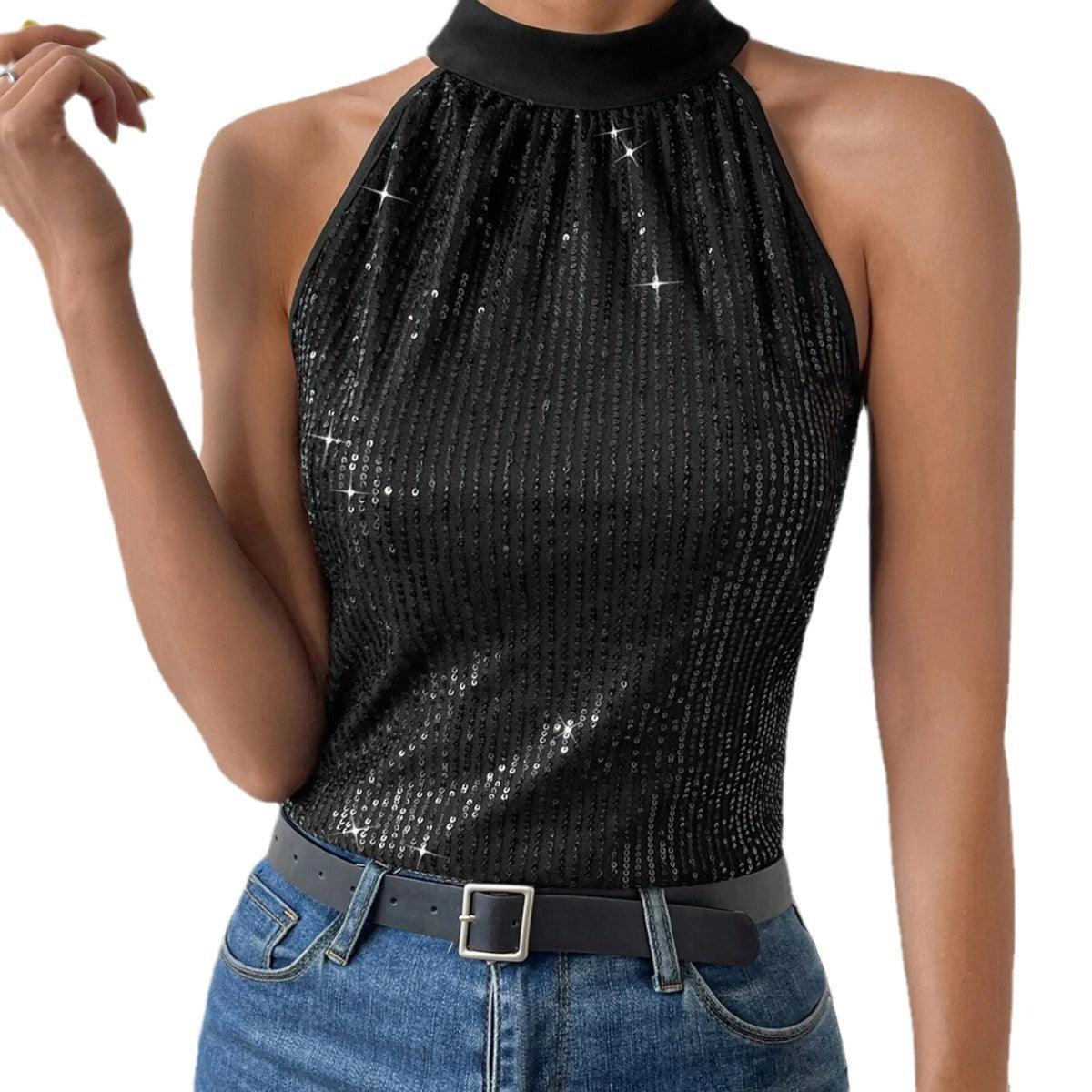 Lace-up Off-shoulder Sequined Top Elegant - Elite Essence Store